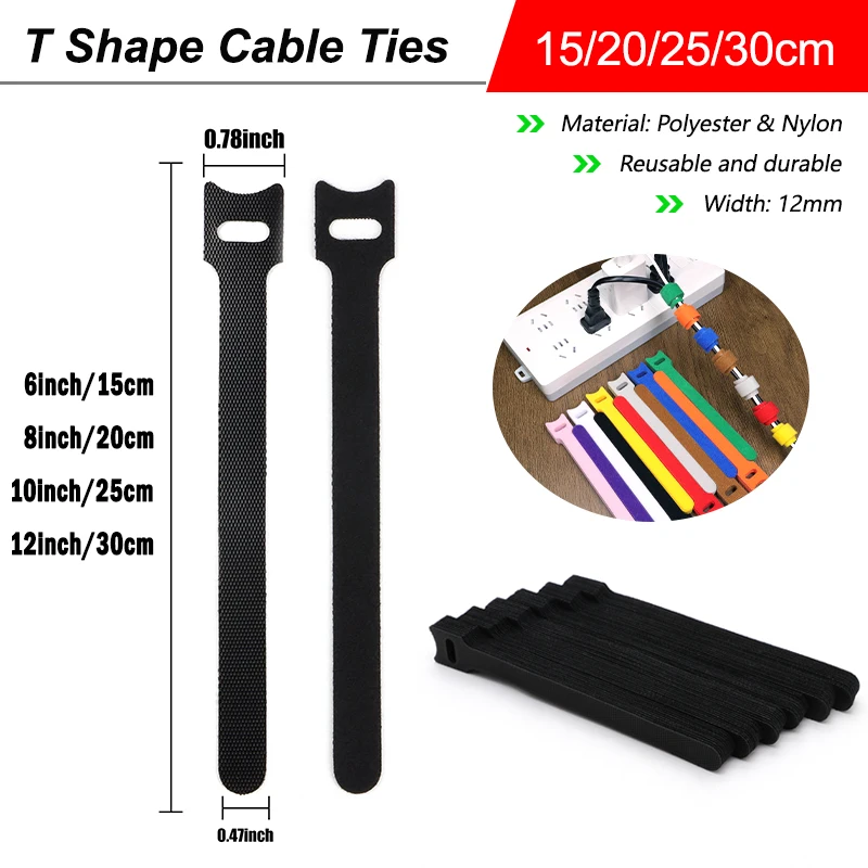 

Black T-Type Cable Ties 15 20 25 30cm Releasable Wire Harness Bundle Zip Tie Wrap Line Organizer Hook Look Nylon Fastener Straps