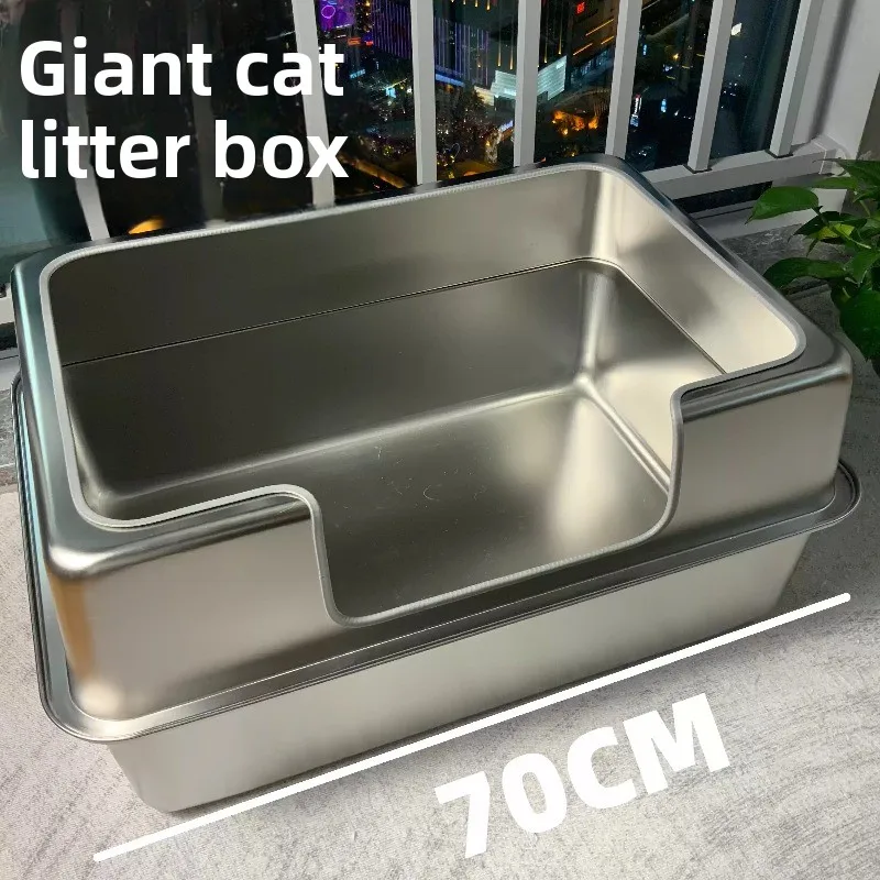 Stainless Steel Jumbo Cat Litter Box Open Type Cat Bedpans Low-Entry Kitty Toilet with Anti-Splash Design Pet Potty for Kittens
