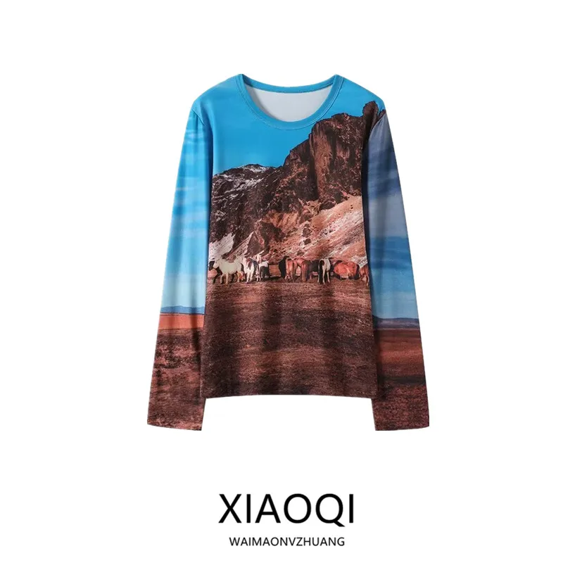 Autumn Winter New Arrival Women's Casual Long Sve Scenic Print Hoodie Versatile Comfortable Loose Fit round Ne Sweatirt