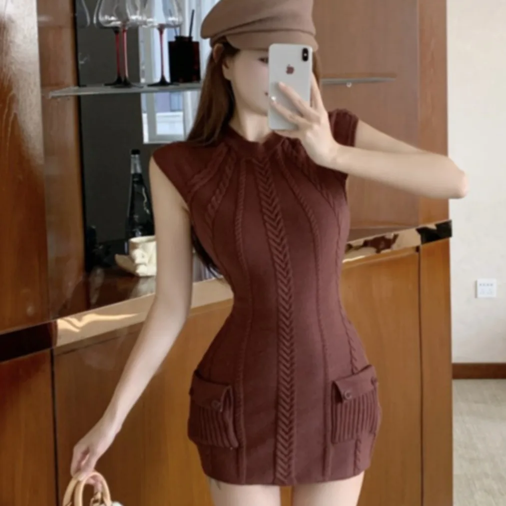 Slim Fit round Ne Twisted Waist ket Knit Dr Base Layer Wrap around Women's Faion Autumn Winter New Sle Casual Wear