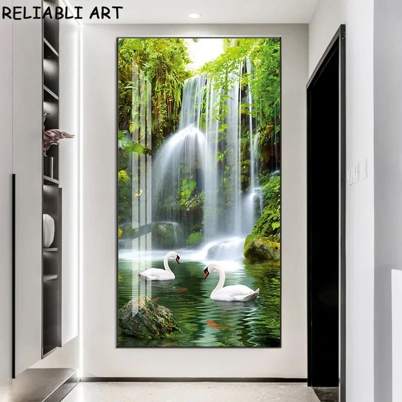 Natural Waterfall and Green Tree Landscape Canvas Painting with Swan and Fish  Wall Art Poster and Print for Living Room Home De