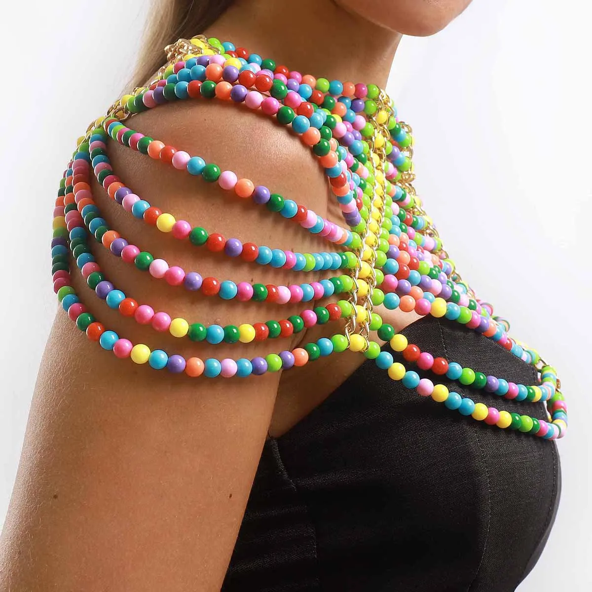 Exaggerated Personality Multi-Layer Colored Pearl Shoulder Chain Fashion Heavy Handcrafted Beaded Layered Body Chain