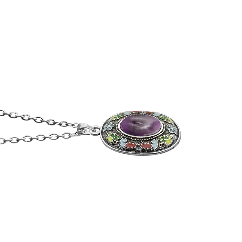 Vintage Natural Stone Amethysts Sets For Women Real Silver Plated Painting Pendant Necklace Earring Fashion Jewelry