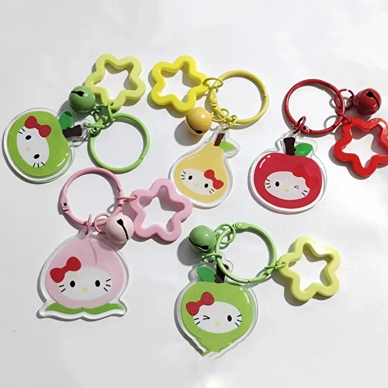 Hello Kitty Keychain Sanrio Ins Bell Acrylic Pendant Anime KT Fruit Series Key Chain Gift Cute Key Chains for Women Wholesale