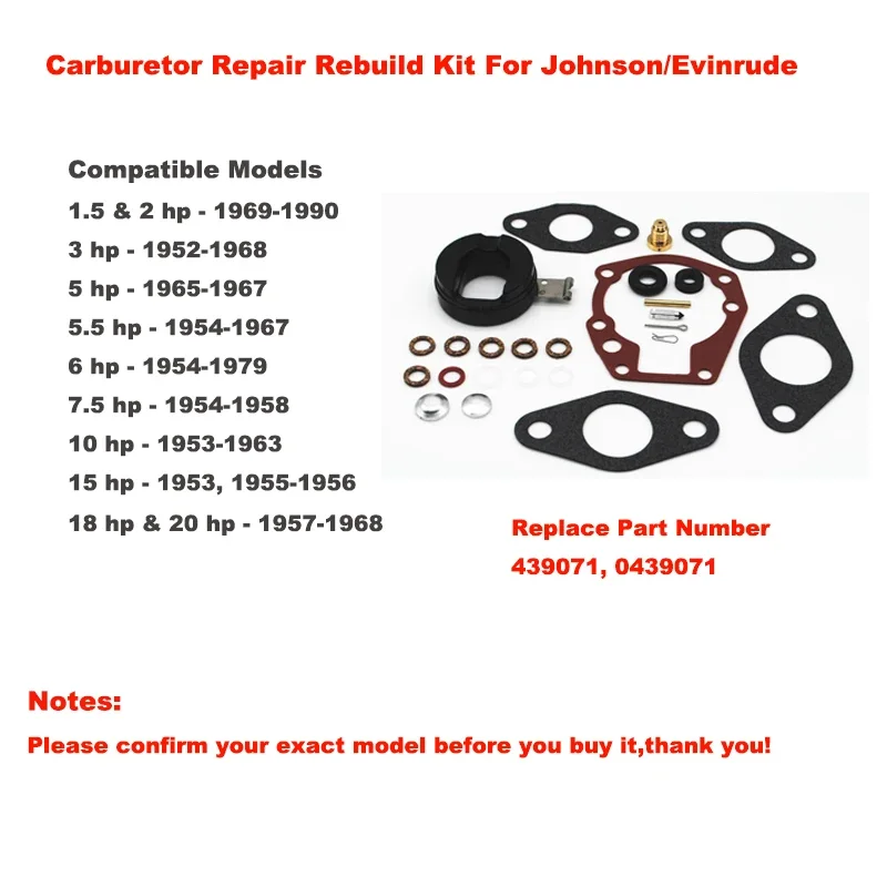 Kit de reconstrucción de reparación de carburador para Johnson / Evinrude 1.5hp 2hp 3hp 4hp 5hp 5.5hp 6hp 7.5hp 10hp 15hp 18 hp y 20 hp