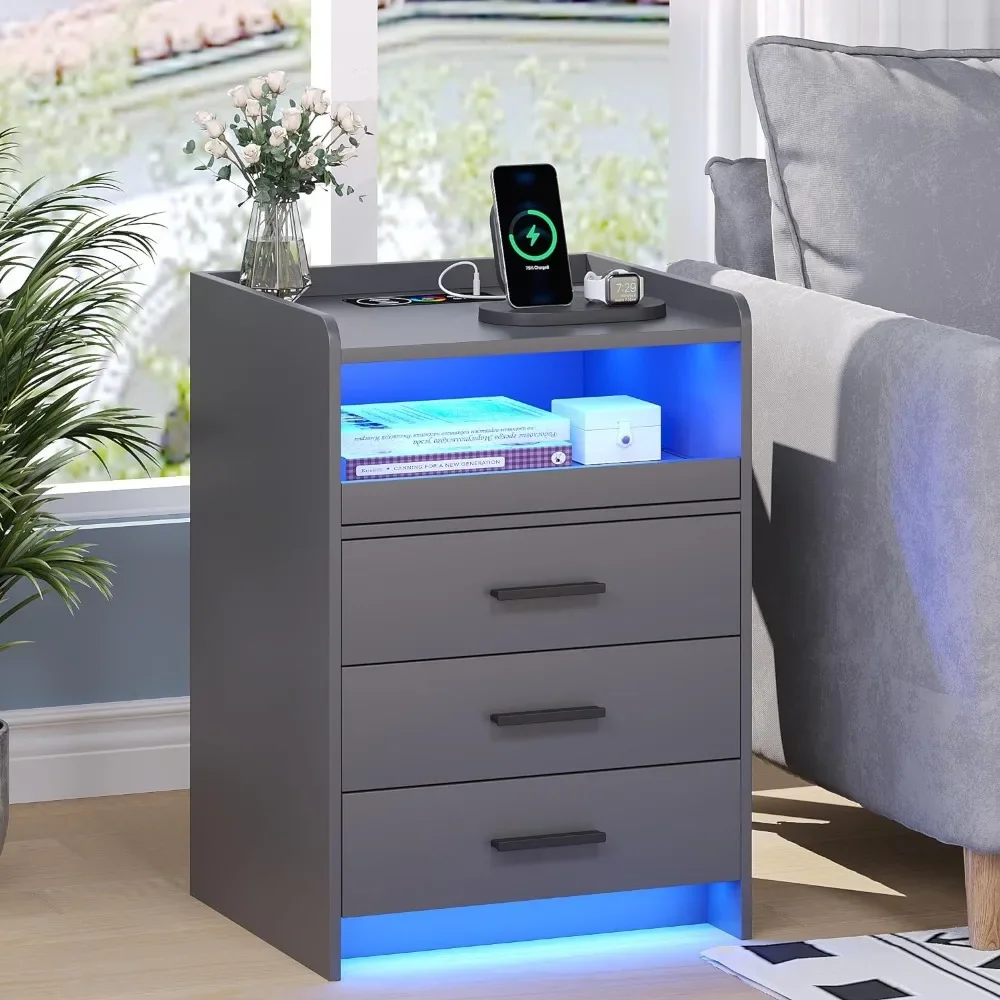 Equipped with wireless charging station and human body sensor design, 3 drawers, LED modern bedside table, free shipping