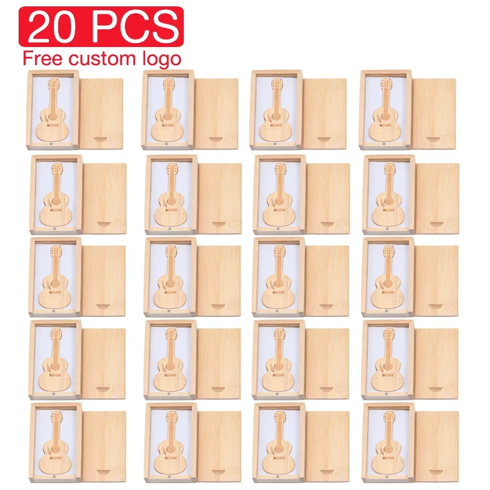 

JASTER 20 PCS LOT Guitar USB Flash Drive 128GB Wooden Box Free Custom Logo Pen Drive 64GB Bamboo Wedding Gift Memory Stick 32GB