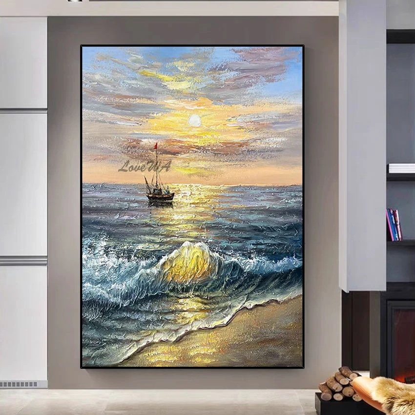 

Beautiful Sea Sunset Thick Texture Abstract Boat Oil Painting Palette Knife Modern Art Picture Home Decoration Wall Canvas