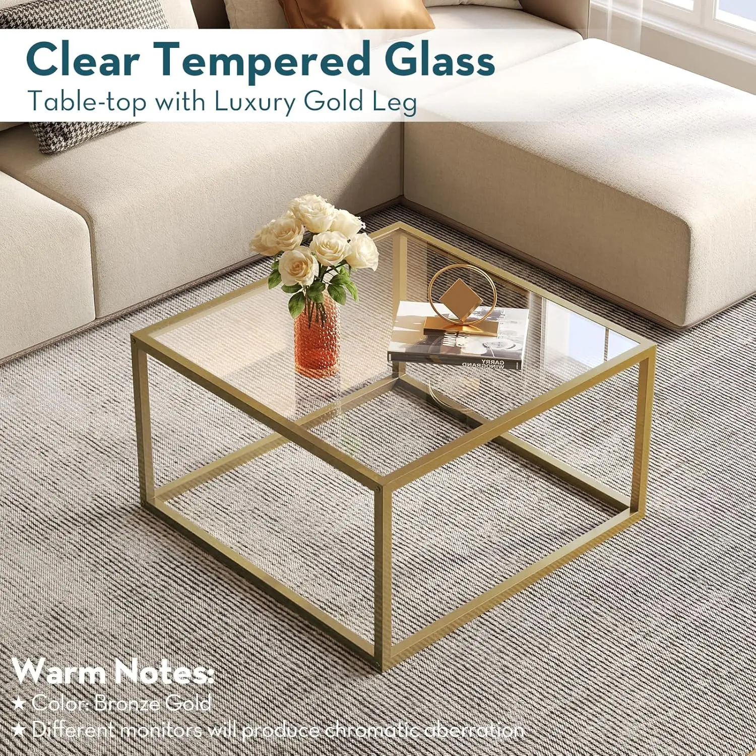 Modern Square Glass Coffee Table for Living Room, Minimalist Gold Center Table 26.7x26.7x17.7 Inches