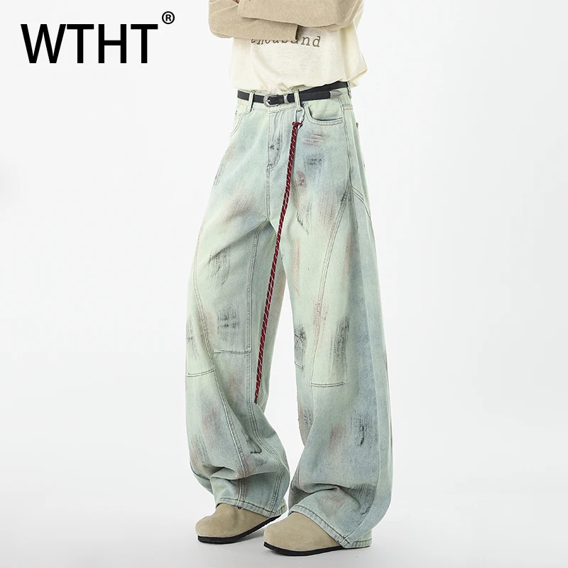 

WTHT Fashion Men's Graffiti Spliced Do Old Loose Denim Pants Vintage High Street Wide Leg Jeans Male 2026 Summer 2A2802