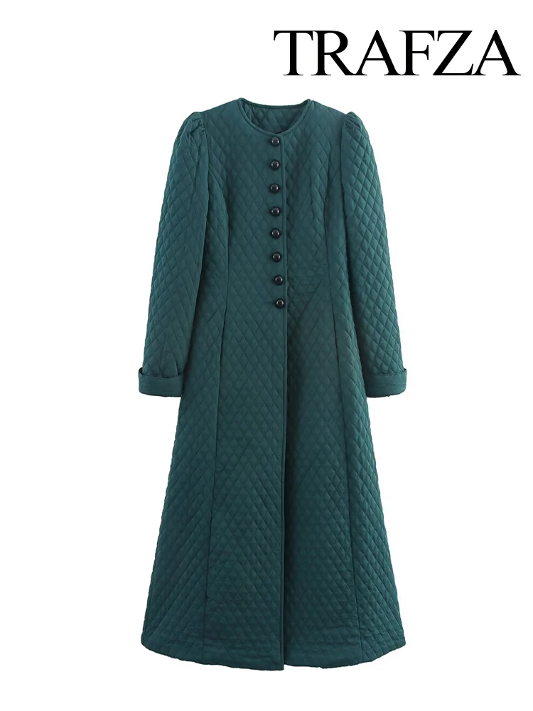 

TRAFZA Women's Autumn Single Breasted Long Needle Small Diamond Plaid Quilted Embroidered Waist Slim Jacket Female Thermal Coat