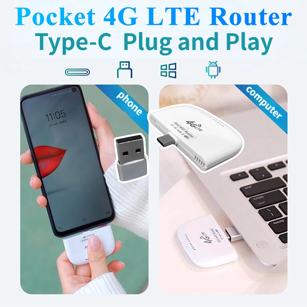 4G LTE WiFi Modem Portable High Speed Router Type-C Mobile Router USB PC Adapter SIM Card 150Mbps Portable Wi-Fi Hotspot dongle