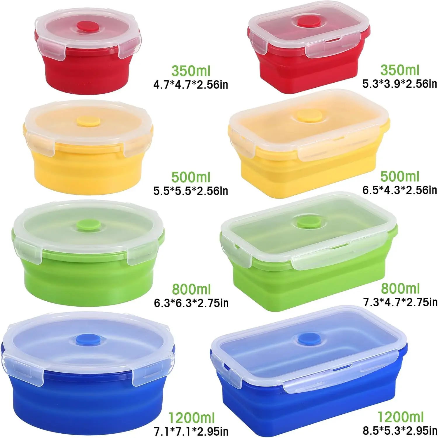 16 Pack Collapsible Food Storage Containers with Lid Foldable 8 Pcs Rectangle Storage Bowl and 8 Pcs Round Silicone Food Bow for