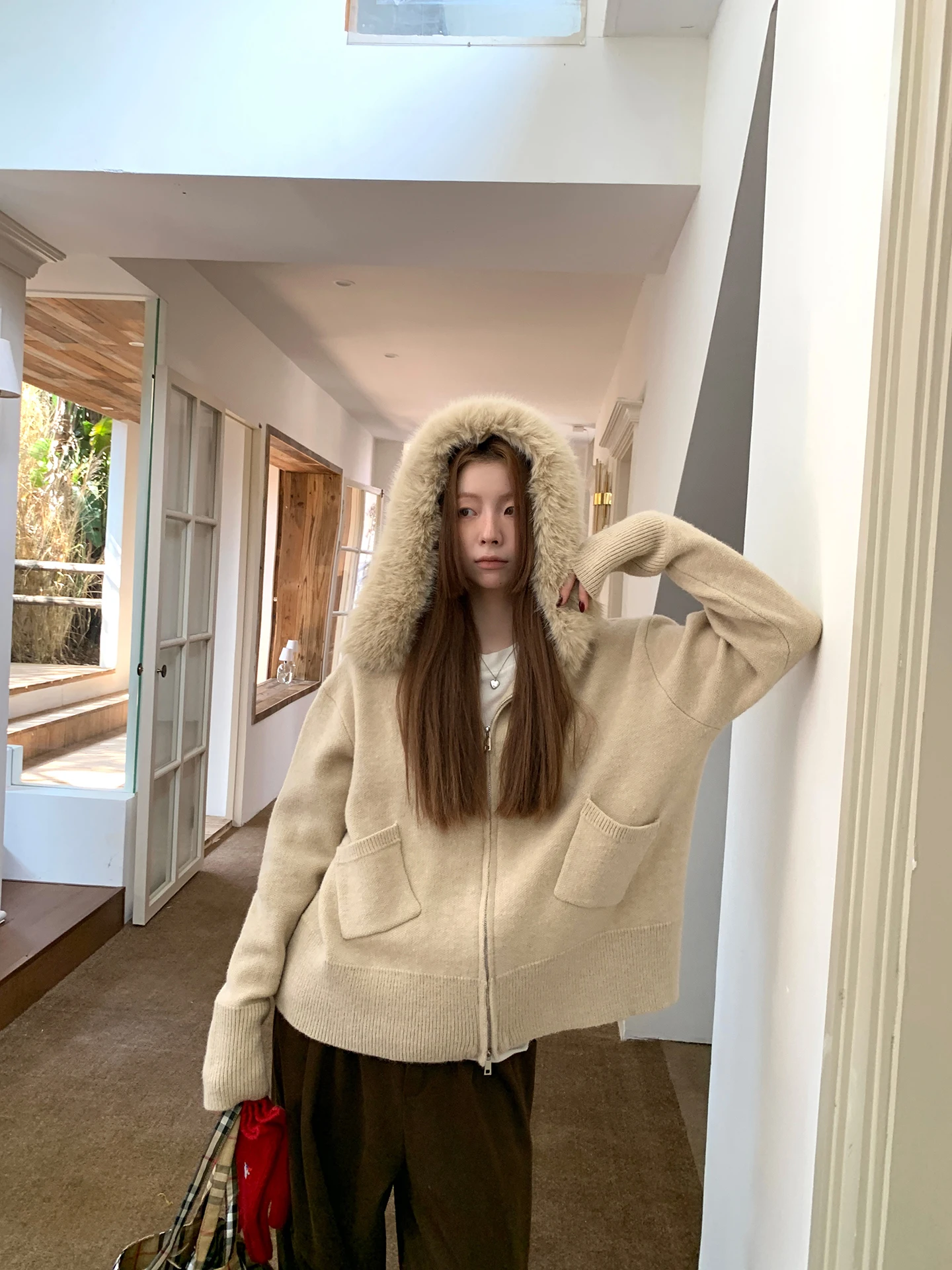 

Red Celebri Knitted Open Cardigan Women's Autumn Winter New Sle Hat Hooded Lazy Sle Beautiful Sweater Jaet G Sle