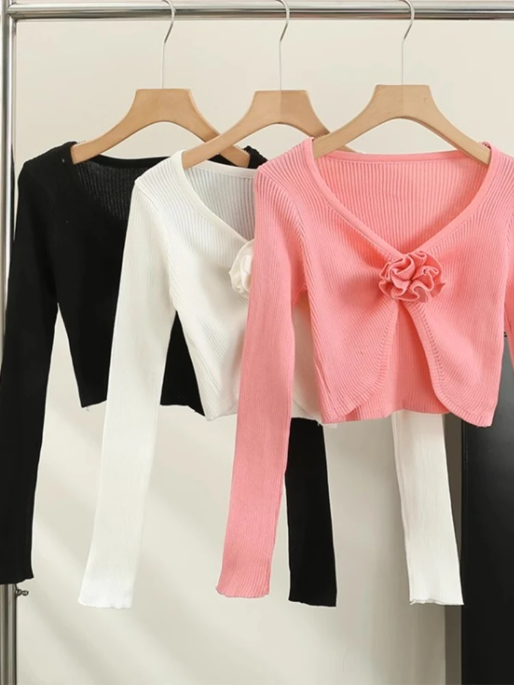 Fashion Slim Y2k Aesthetic V Neck Sweaters Women Sweet Patchwork Flower Knitwear Trendy Sexy All Match Fairy Crop Top Japanese