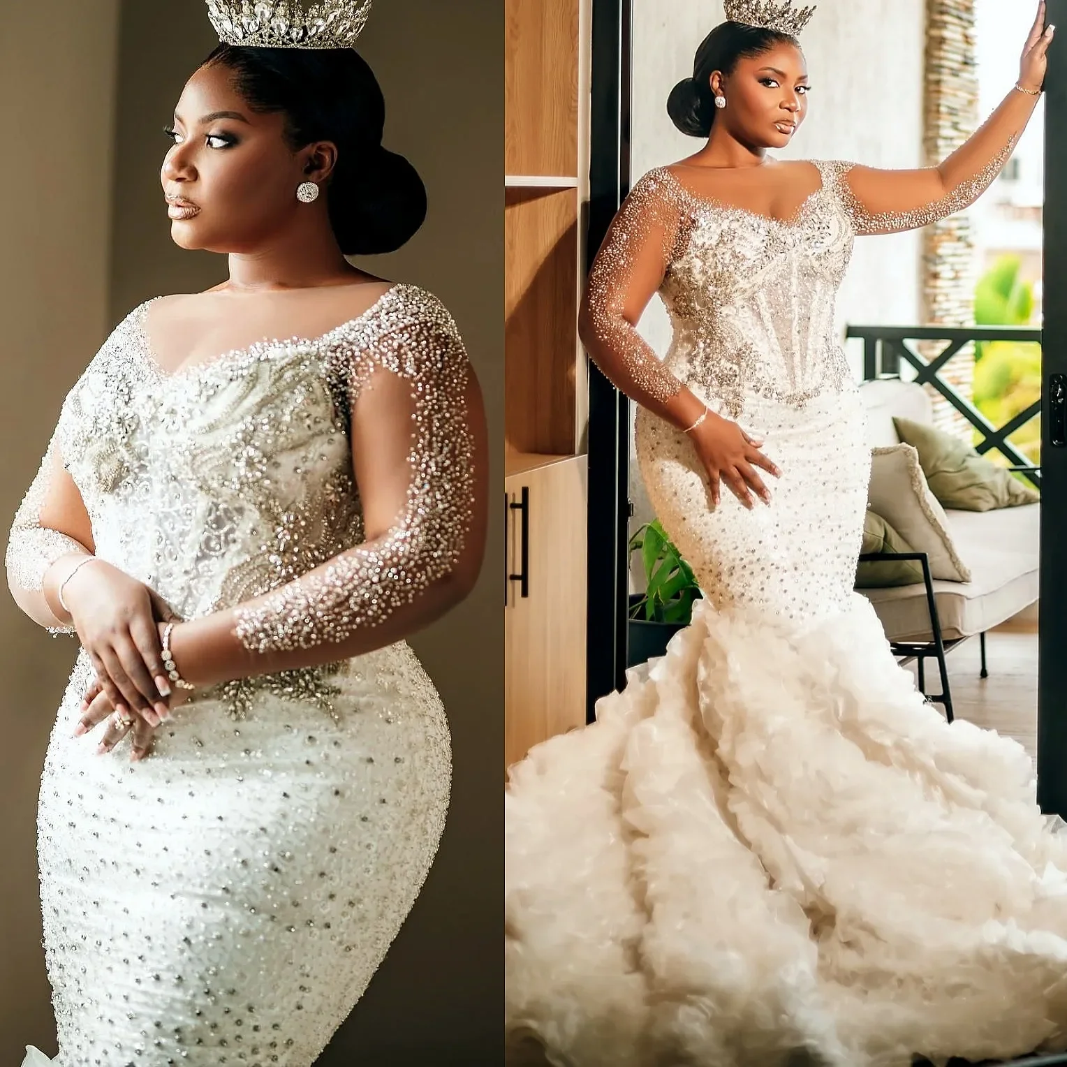 

Luxurious African Mermaid Lace Bead Crystal Wedding Dress Sexy Layered Perspective Collar Long Sleeve Bridal Dress Customized