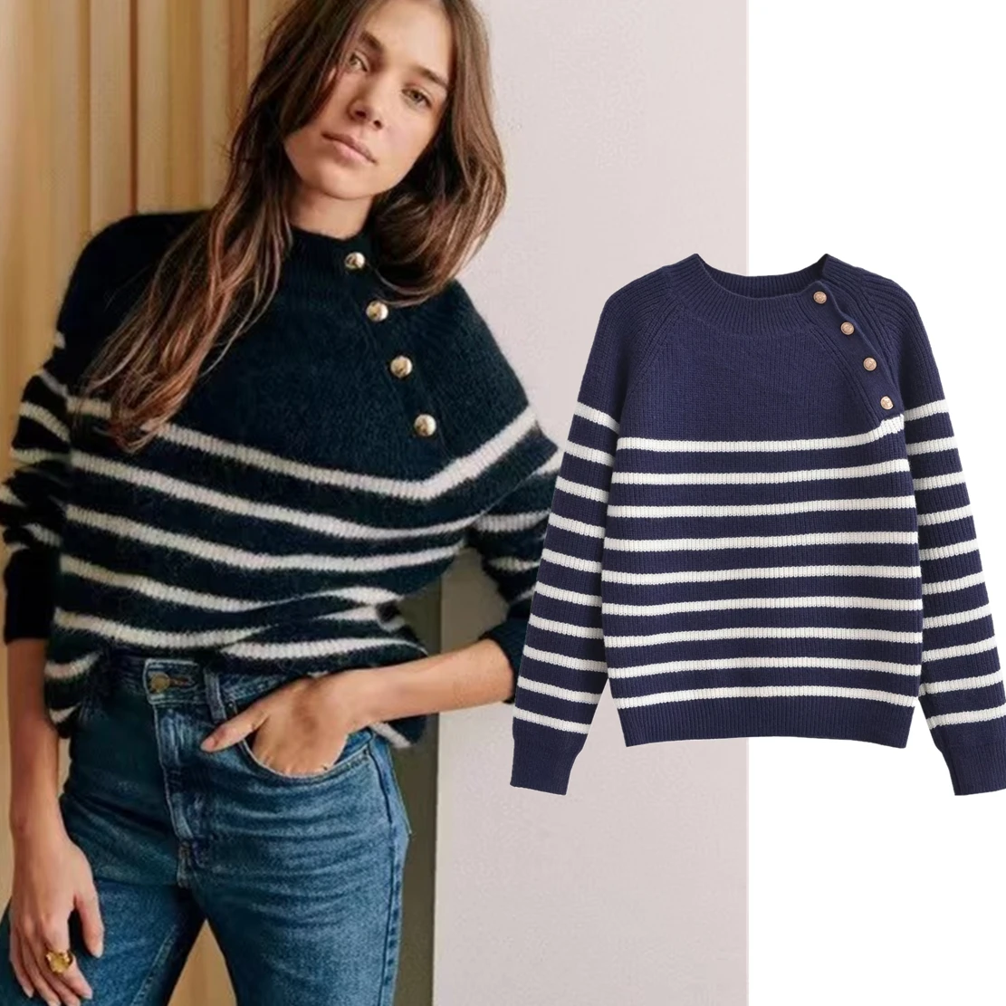 Dave&Di French Retro Striped Patchwork Navy Blue Winter Button  Sweater Decoration Fashion Knitwear Women Tops fsle retro denim blue women mini skirts high waist pocket decoration short denim pleated skirt 74 1% cotton spice girl skirt