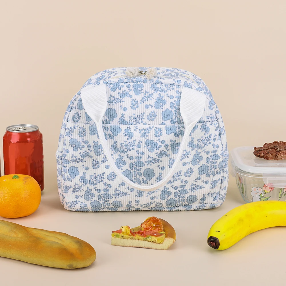 

Женская стеганая сумка для обеда, большая вместительная ручная сумка-холодильник, вельветовая сумка-бенто с цветочным принтом, дорожная сумка для пикника и кемпинга