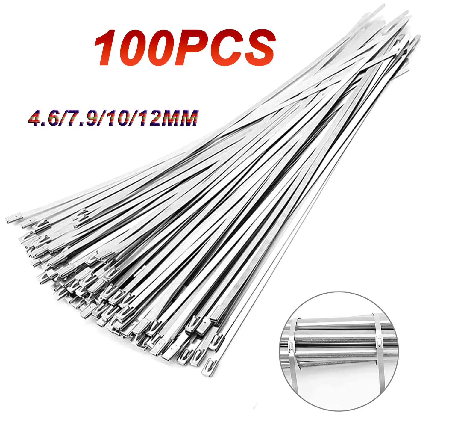 304 Stainless Steel Cable Ties 100PCS 4.6/7.9/10/12mm Width Multi-purpose Wrap Coated Metal Zip-Exhaust Self-Locking Cable Tie