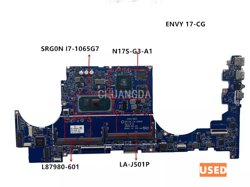 USED L87980-601 LA-J501P For HP ENVY 17-CG Laptop Motherboard GPI70 LA-J501P With CPU i7-1065G7 SRGON GPU DDR4 100%