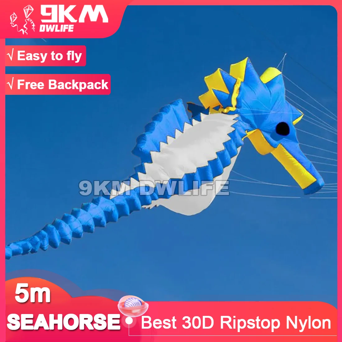 9KM 5m Seahorse Kite Line Laundry Pendant Soft Inflatable Show Kite for Kite Festival 30D Ripstop Nylon Fabric(Accept wholesale）