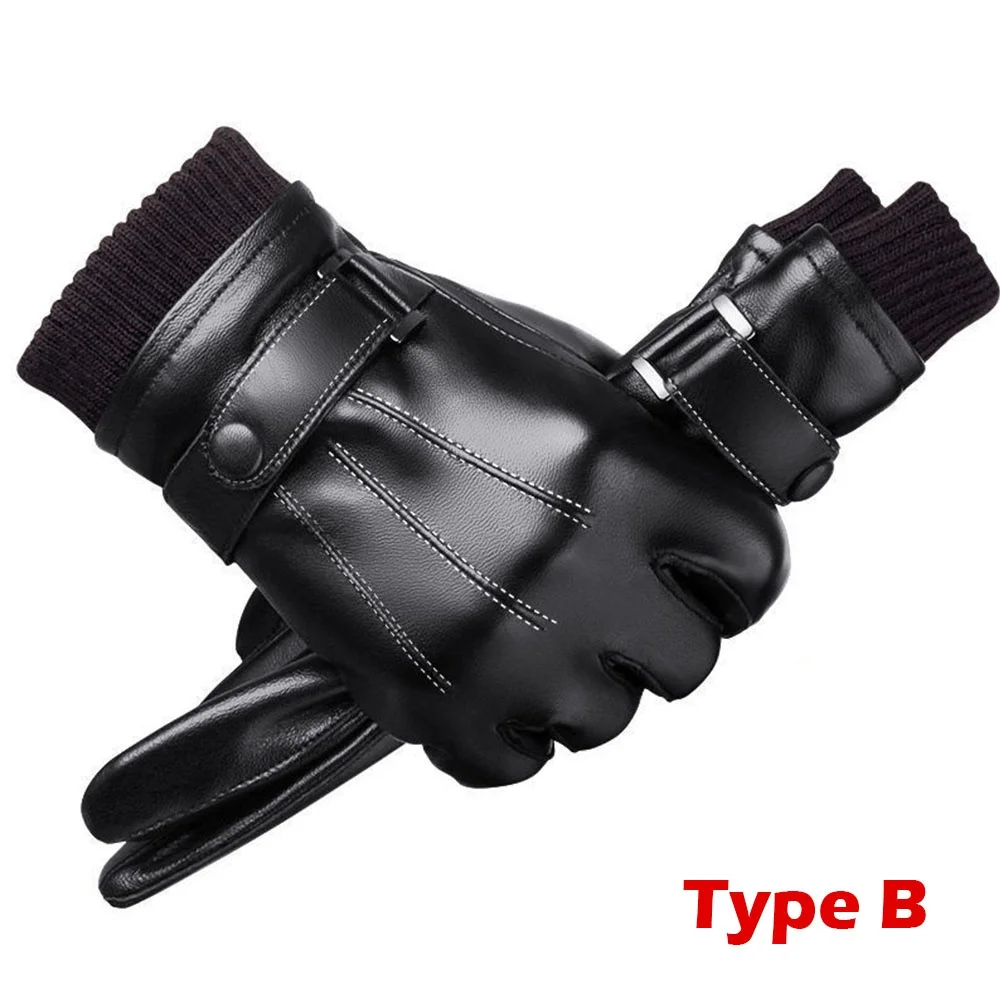 1 Pair High Quality Full Finger Black Riding Gloves  Men PU Leather Glove Winter Warm Touch Screen Gloves