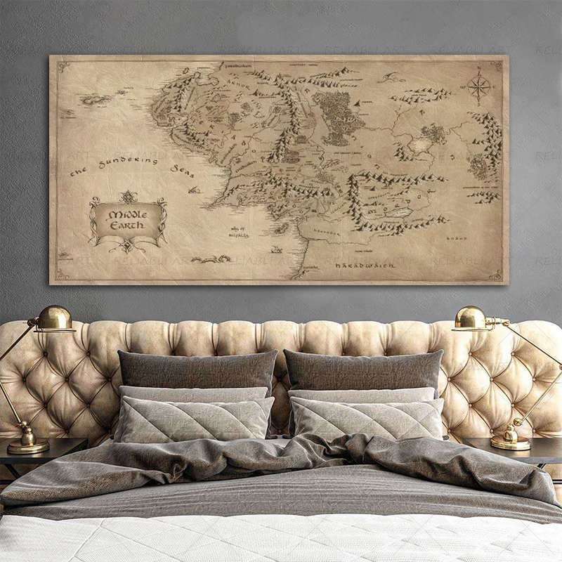 Retro The-Lord-of-Rings Map Poster Vintage Middle-earth Map Canvas Painting Movie Wall Art Pictures for Home Living Room Decor