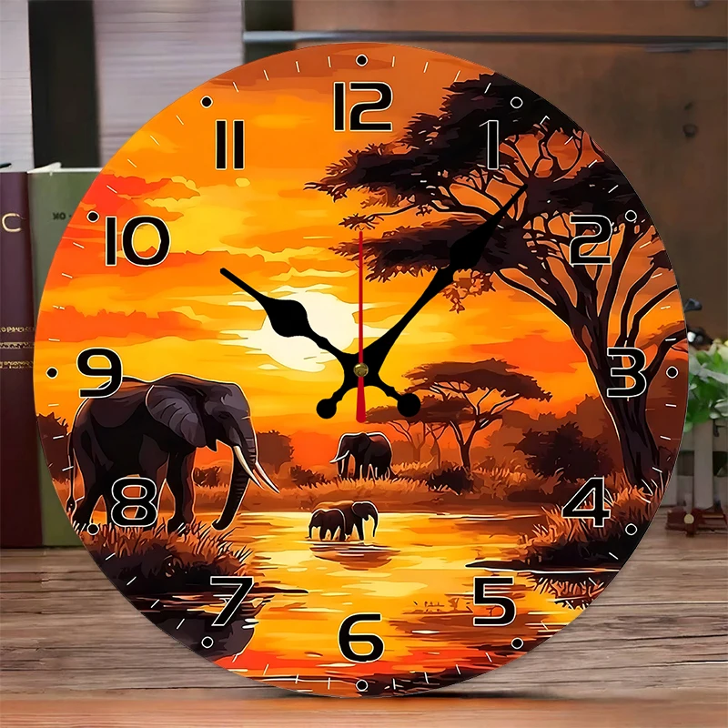 Elefanten-Sonnenuntergang-Holzuhr, rund, geräuschlos, zum Aufhängen, geeignet für Wohnzimmer, Büro, Arbeitszimmer, Schlafzimmer, Heimdekoration