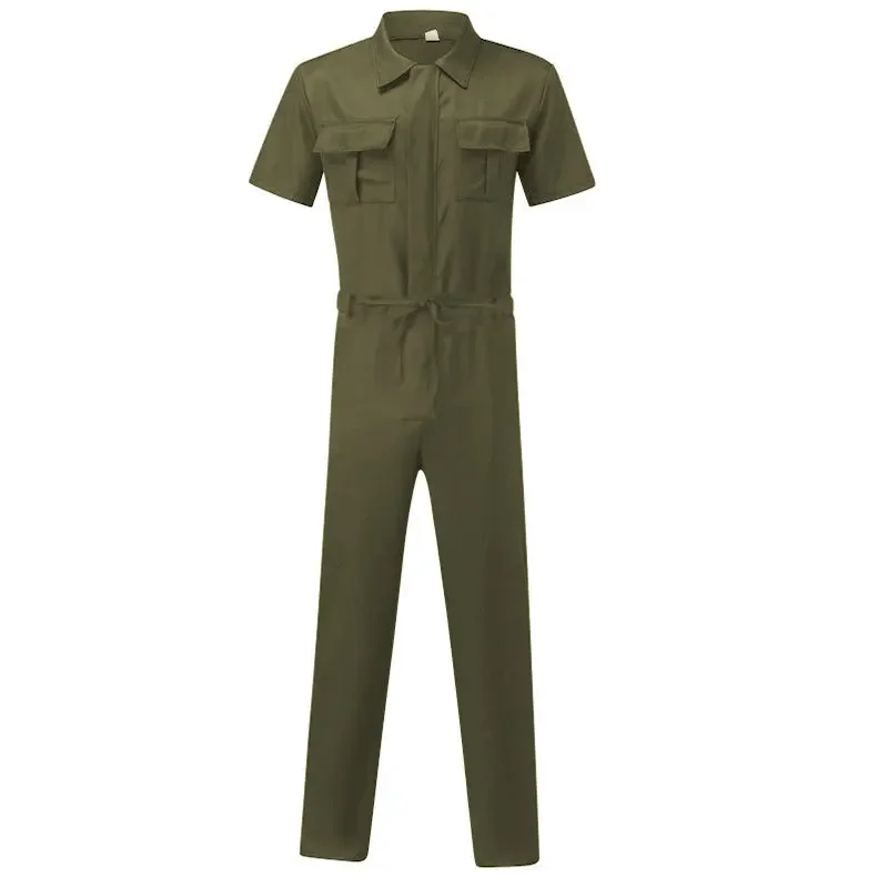 Summer Solid Color Men\'s Sets Safari Style Turndown Collar Short Sleeved Jumpsuit Zipper Casual Pants