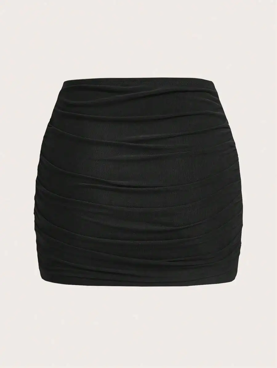 

Black Ruched Wrap Mini Skirt With Double Layer Mesh Detail