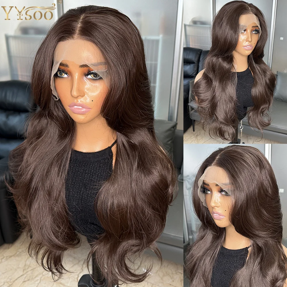 4# Brown Body Wave Middlre Part 13x6 Deep Part Futura Synthetic Lace Front Wig Glueless Half Hand Tied Wig with Bangs for Women