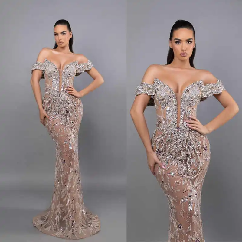 

Sexy Sheer Mermaid Evening Dresses Sleeveless Off Shouler Crystals Prom Gowns Beaded Special Occasion Party Customized