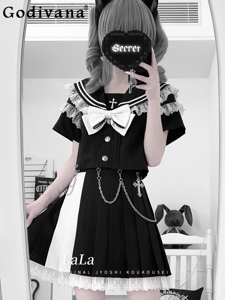 

Japanese Mine Skirt + Top 2-Piece Set Subculture Black Gothic Girls Sweet Cool Lolita Outfit Lace Bow Navy Collar Top Skirt Set