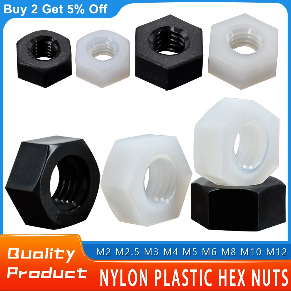 5-300pcs White or Black Nylon Hex Nut Hexagon Plastic Nuts Metric Thread Suit For Screws Bolts for Elctricity Insulation M2-M20