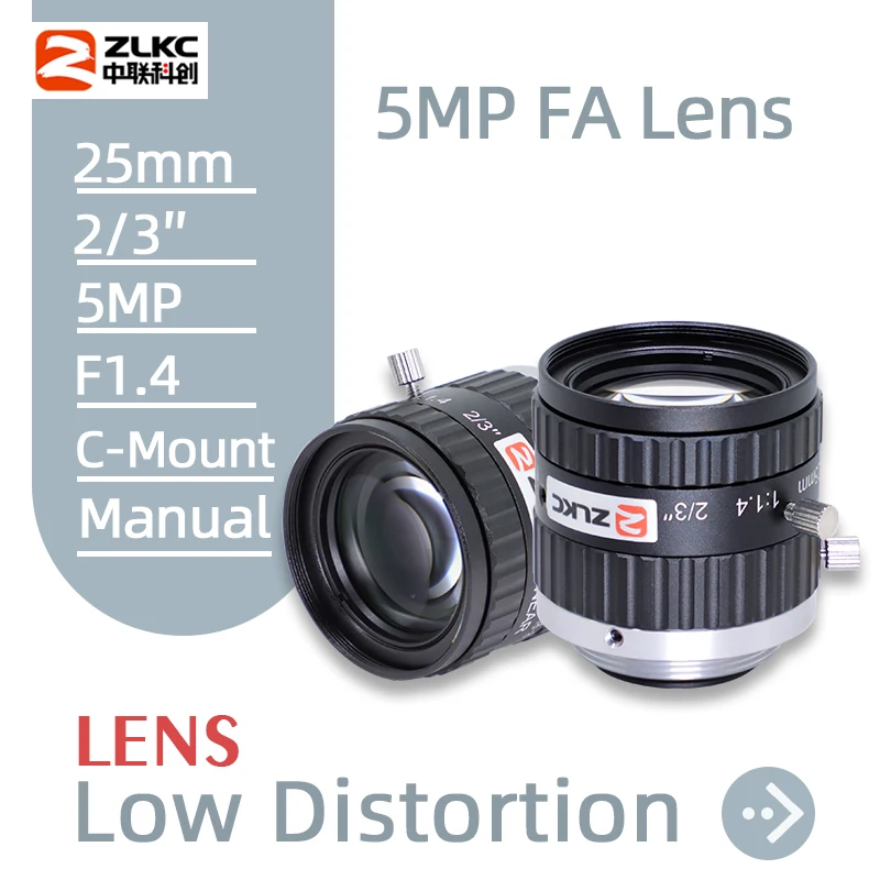 

ZLKC 25mm C Mount 2/3" F1.4 FA Machine Vision Lens 5MP High Resolution Manual Iris HD Camera for CCTV Industrial Low Distortion