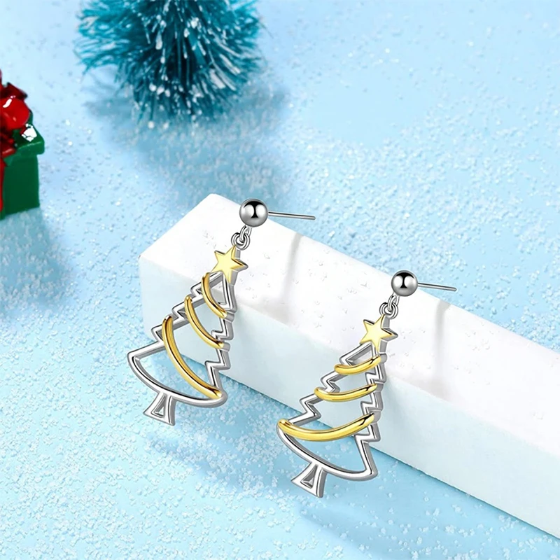 Huitan Elegante Hohle Weihnachtsbaum-Ohrhänger für Damen Luxuriöse Zweifarbige Moderne Accessoires Stilvoller Weihnachtsfeier-Schmuck