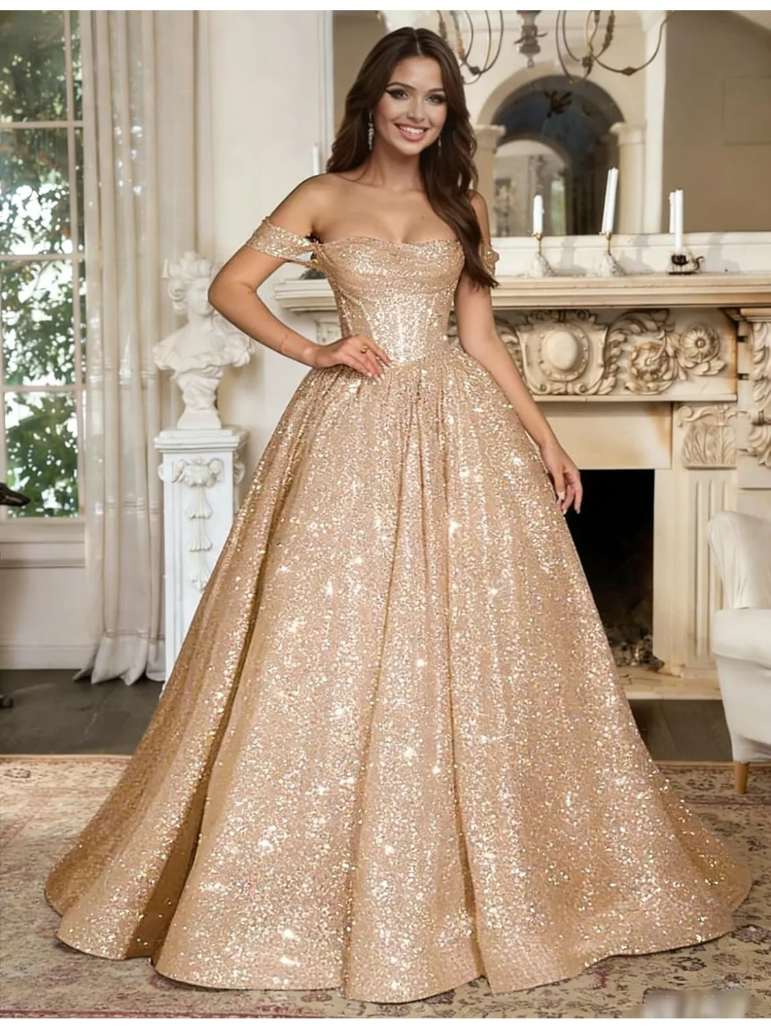 2026 Langes Funkelndes Pailletten-Tüll-Abendkleid A-Linie Korsett Formelles Ballkleid Luxuriöses Partykleid Schulterfreies Quinceanera-Kleid