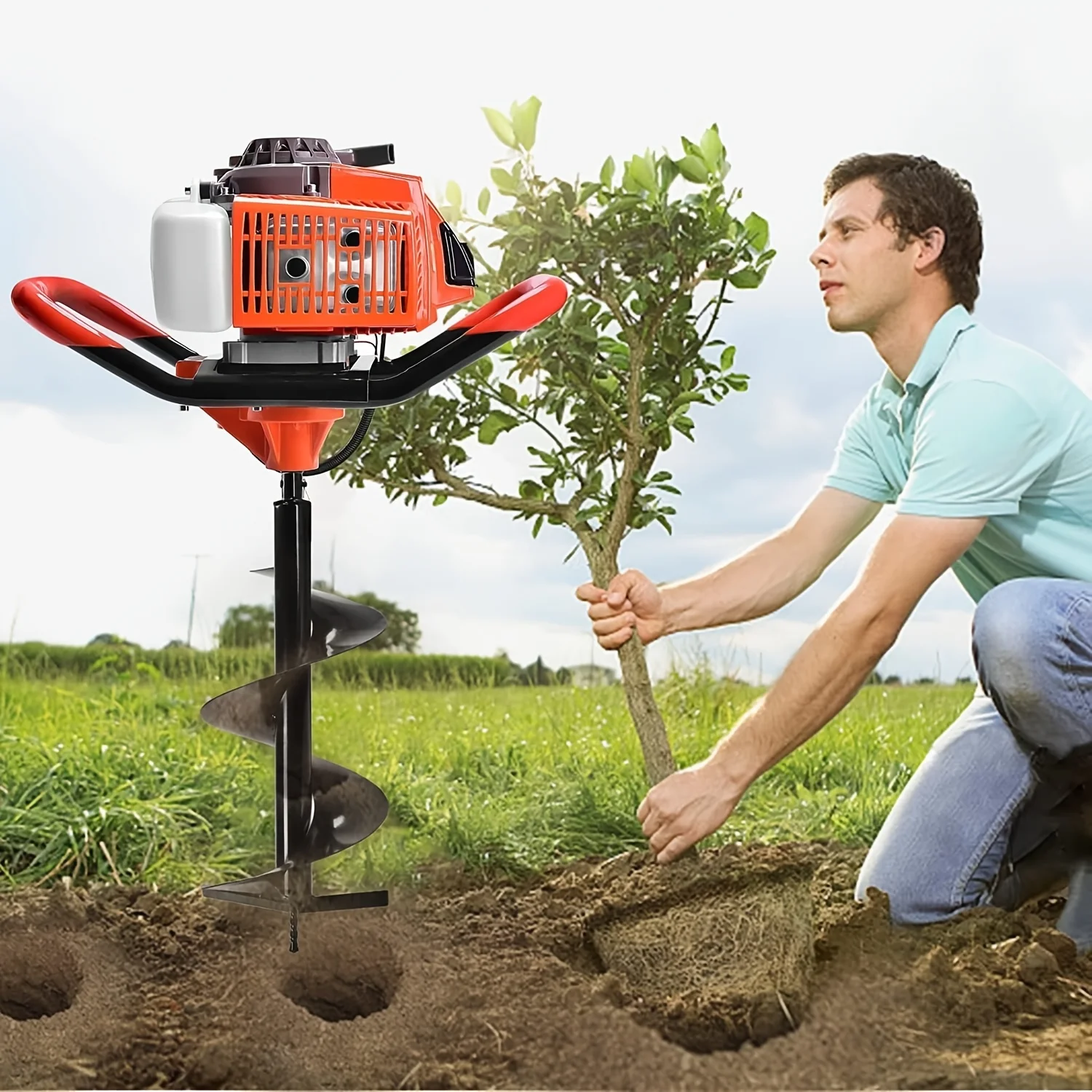 85cc Earth Auger Earth Digger, Auger Post Hole Digger With 2 Extension Rods + 3Auger DrillBits (4