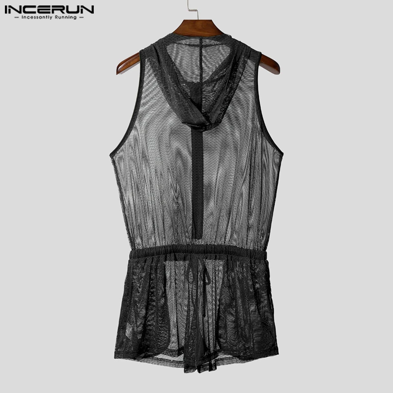 INCERUN Bodysuit Pria Romper Solid Berkerudung Seksi Transparan Jaring Pria Tanpa Lengan Ritsleting Tali Serut Fashion Playsuit Pria Bodysuit