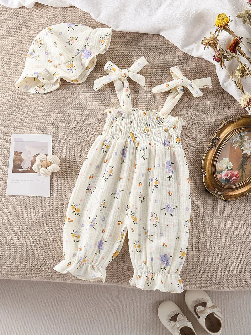 

Новые летние комбинезоны для малышей 3-18 месяцев: милый цветочный дизайн, без рукавов, с шапочкой, цельный комбинезон для девочек