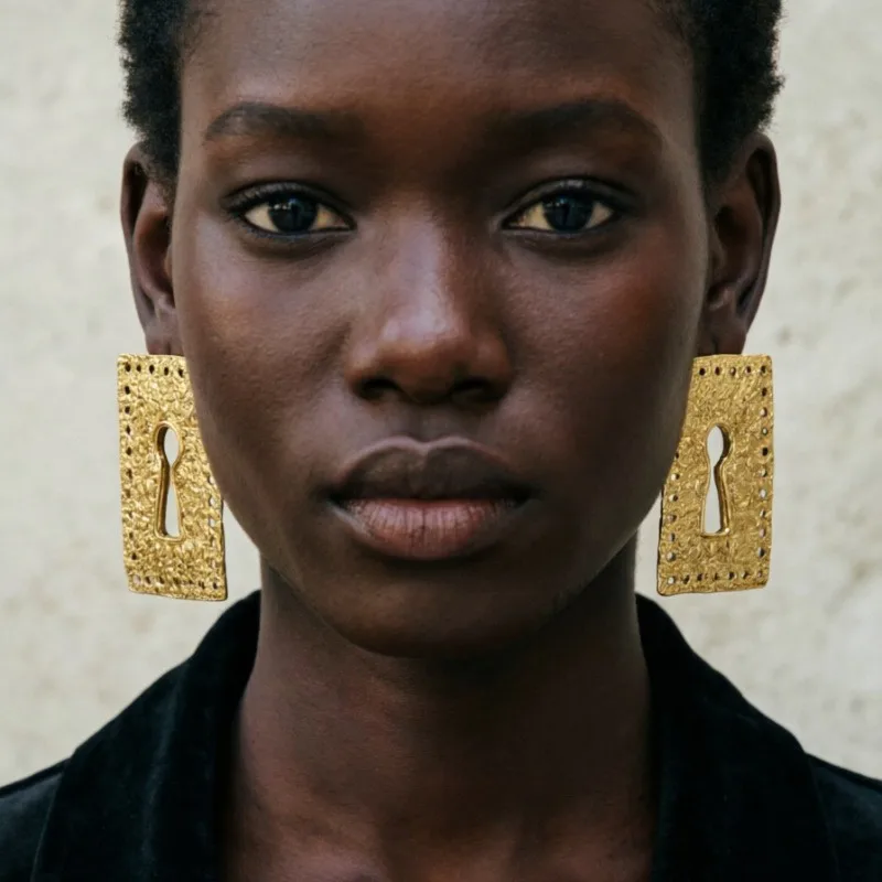 Fashion Metal Texture Square Key Hole Dangle Earrings Unique Personalized Ladies Statement Ear Accessories
