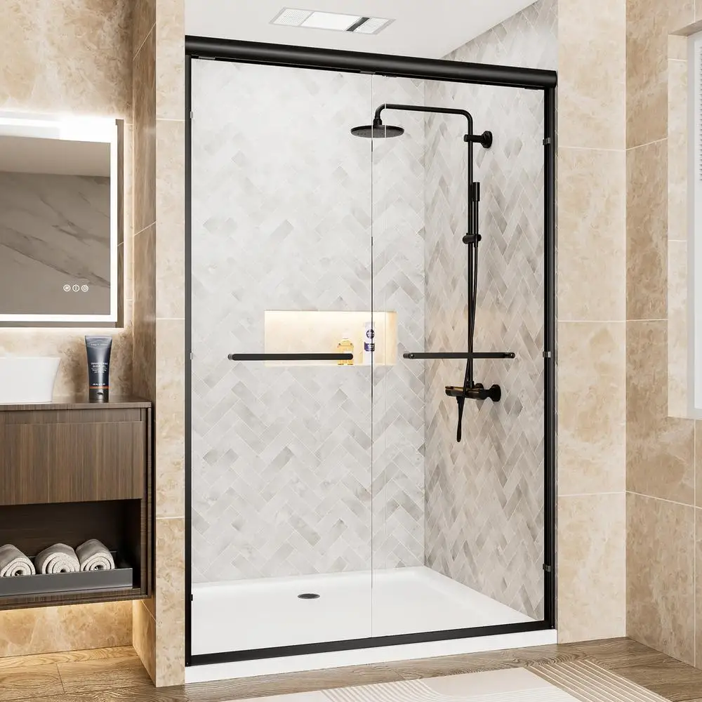 

Matte Black Sliding Shower Door Tempered Glass 44-48 Adjustable Width Waterproof Seal Aluminum Frame Stainless Steel Handles