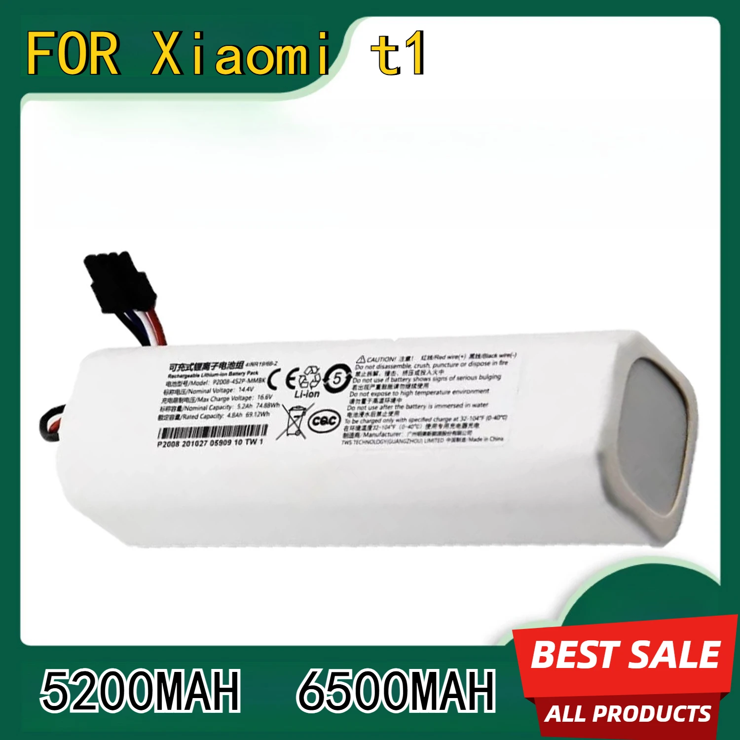 

5200-6500MAH Suitable for Xiaomi Scanning and Mopping Robot 1T Battery 2T STYTJ02ZHM 14.8V Universal Rechargeable Battery