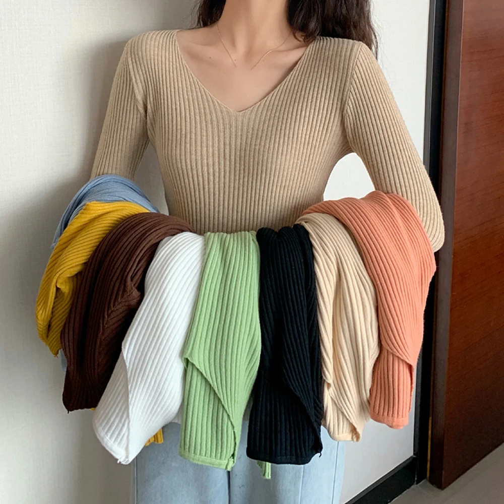 

Autumn Winter Women Sweaters Casual Long Sleeve Knitted Ribbed V Neck Pullover Sweater Femal Basic Solid Tops Fashion Clothes