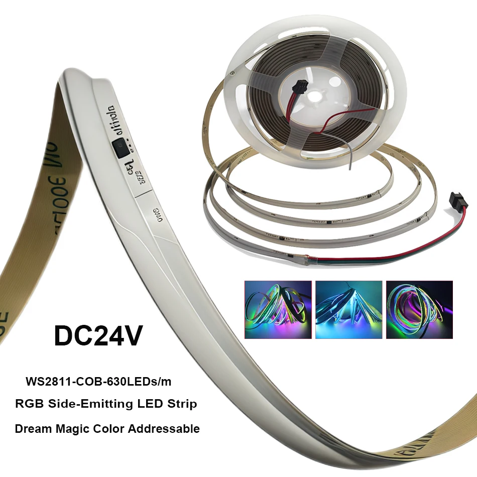 SPI RGB IC Side-emitting COB LED Light Strip WS2811 Addressable 630 LEDs Full Dream Color DC24V High Flexible FOB COB Lights