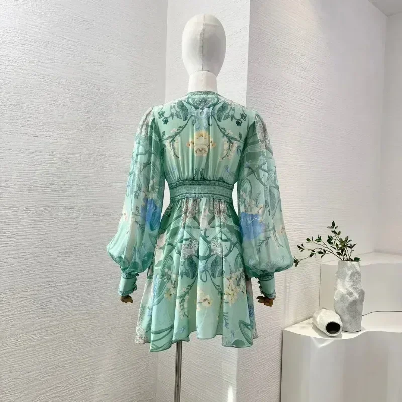 Pure Silk Mini Dress for Woman Green Diamond Long Lantern Sleeve Floral Print V Neck Vintage 2024 New Spring Summer