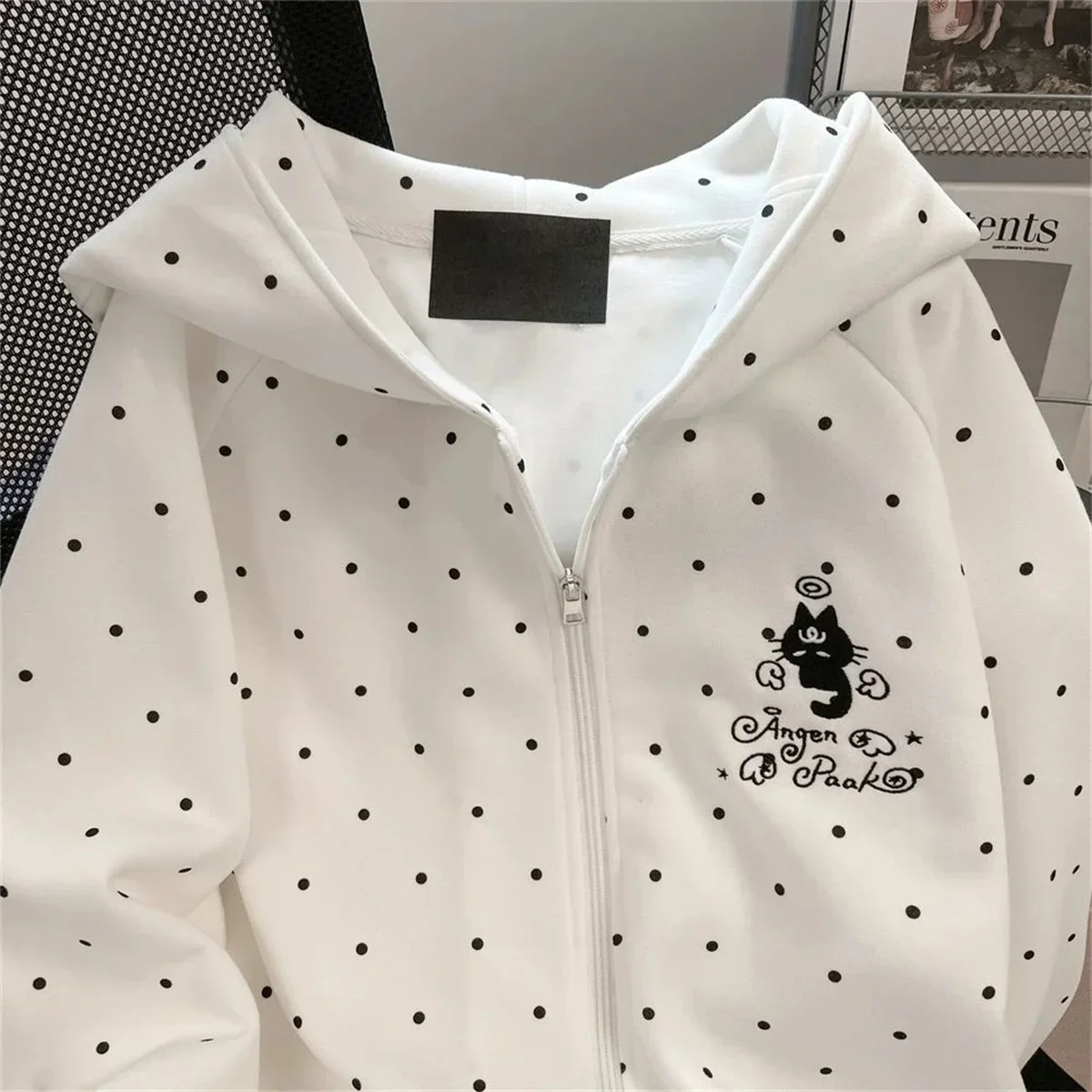 Niedlicher Polka-Dot-Katzen-Hoodie mit Stickerei, Herbst-Winter, süßer, lockerer Schnitt, Reißverschluss-Cardigan-Jacke, Harajuku Casual Sweatshirts, Neu 2025 – Detail 4