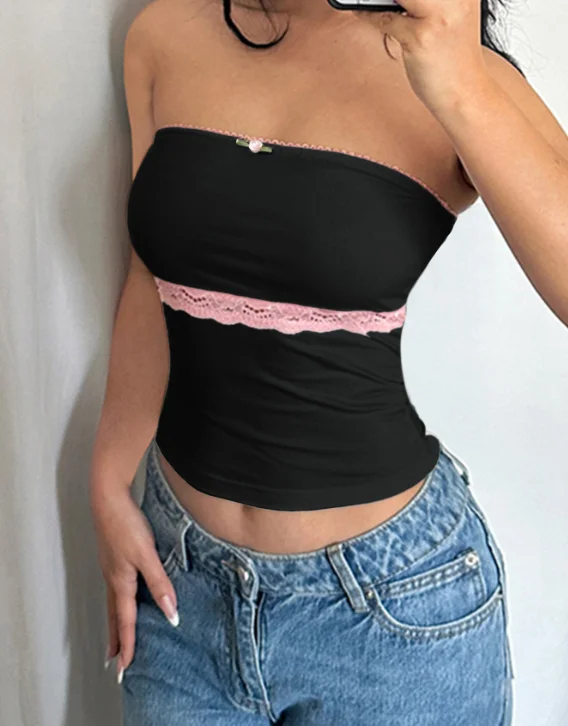

2025 Spring/summer Sexy Elegant Camis Vest Contrasting Lace Patchwork Strapless Vest for Women's Cross-Border Slim Fit Top