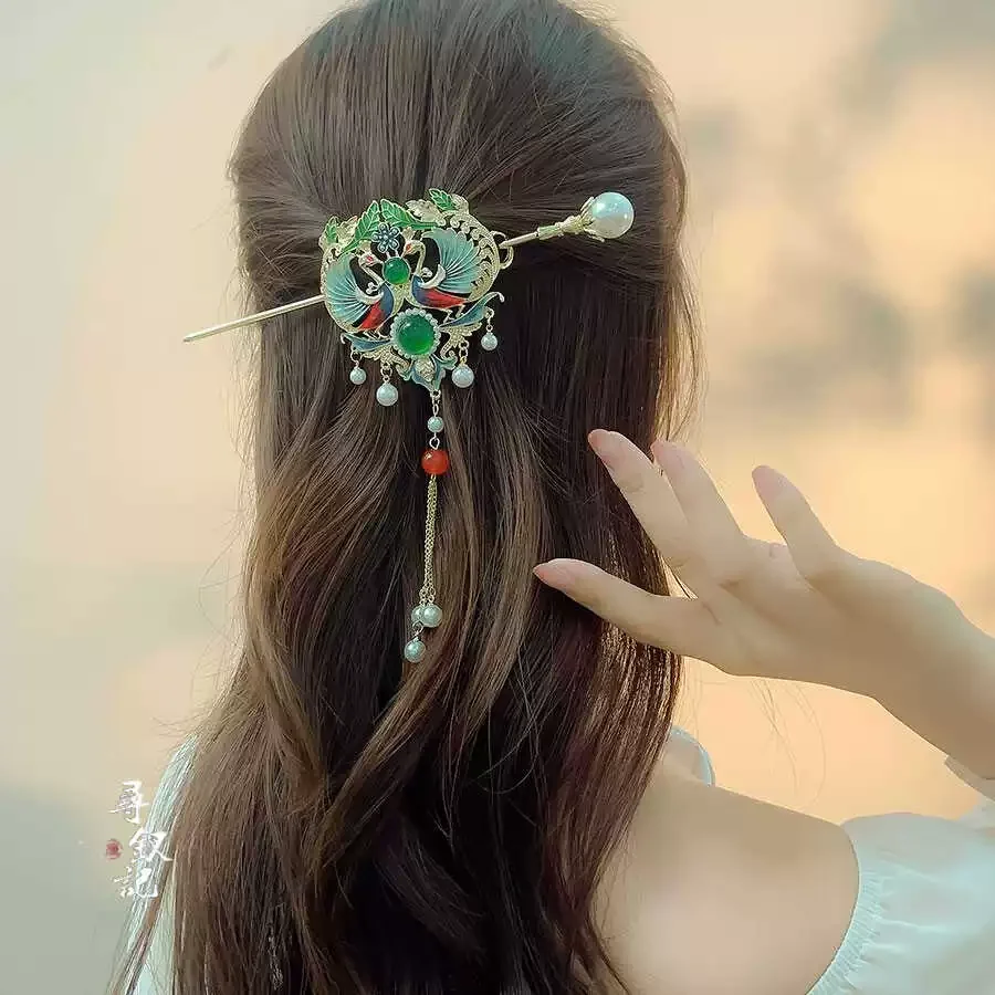 

Exquisite Chinese Style Peacock Pearls Tassels Hair Sticks for Women Ladies Hanfu Hair Clip Female New Headwear Accessories