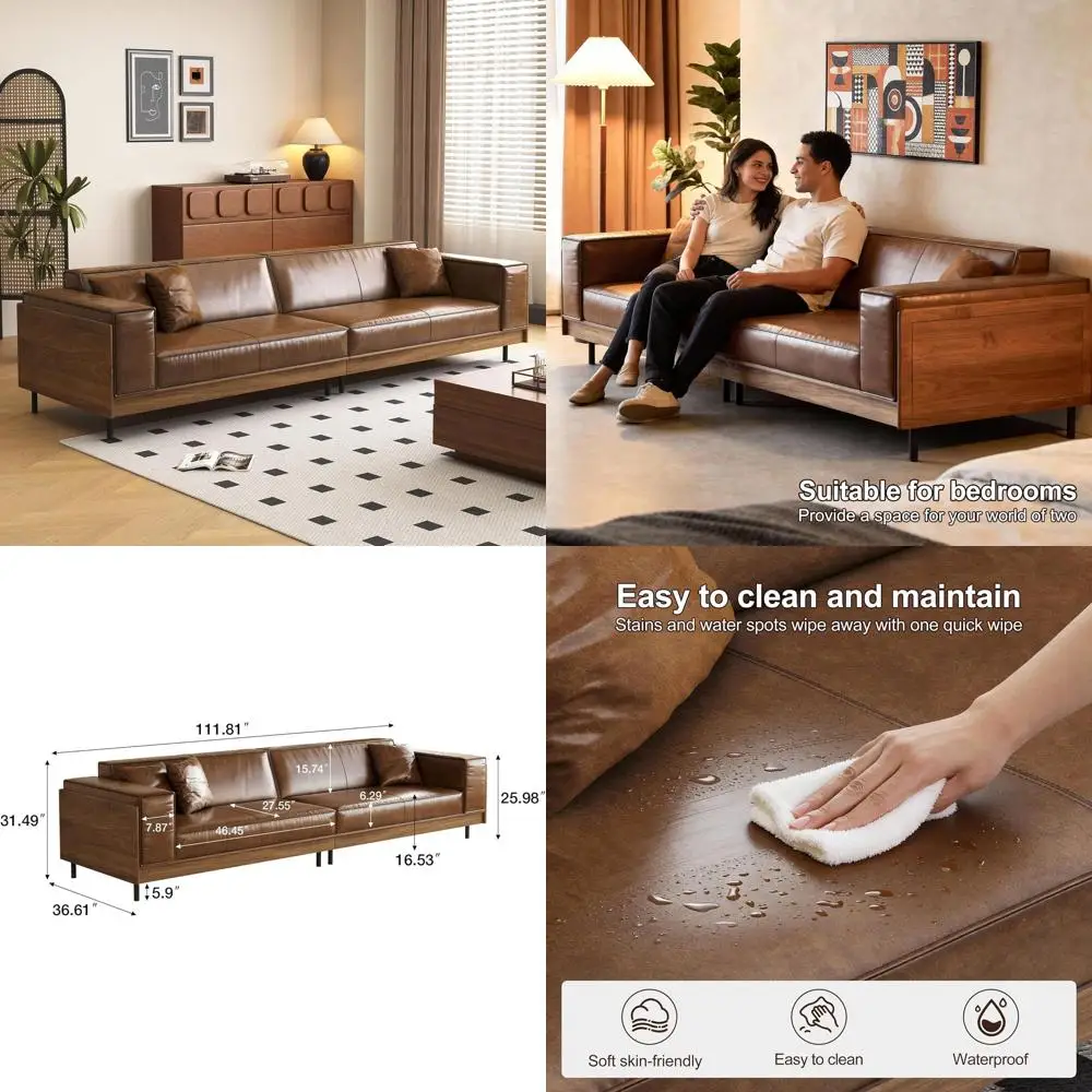 

Oversized 4-Seat Leather Sofa with Deep Seating, Wood and Metal Legs, Easy Assembly, Suitable for Office or Living Room, Brown